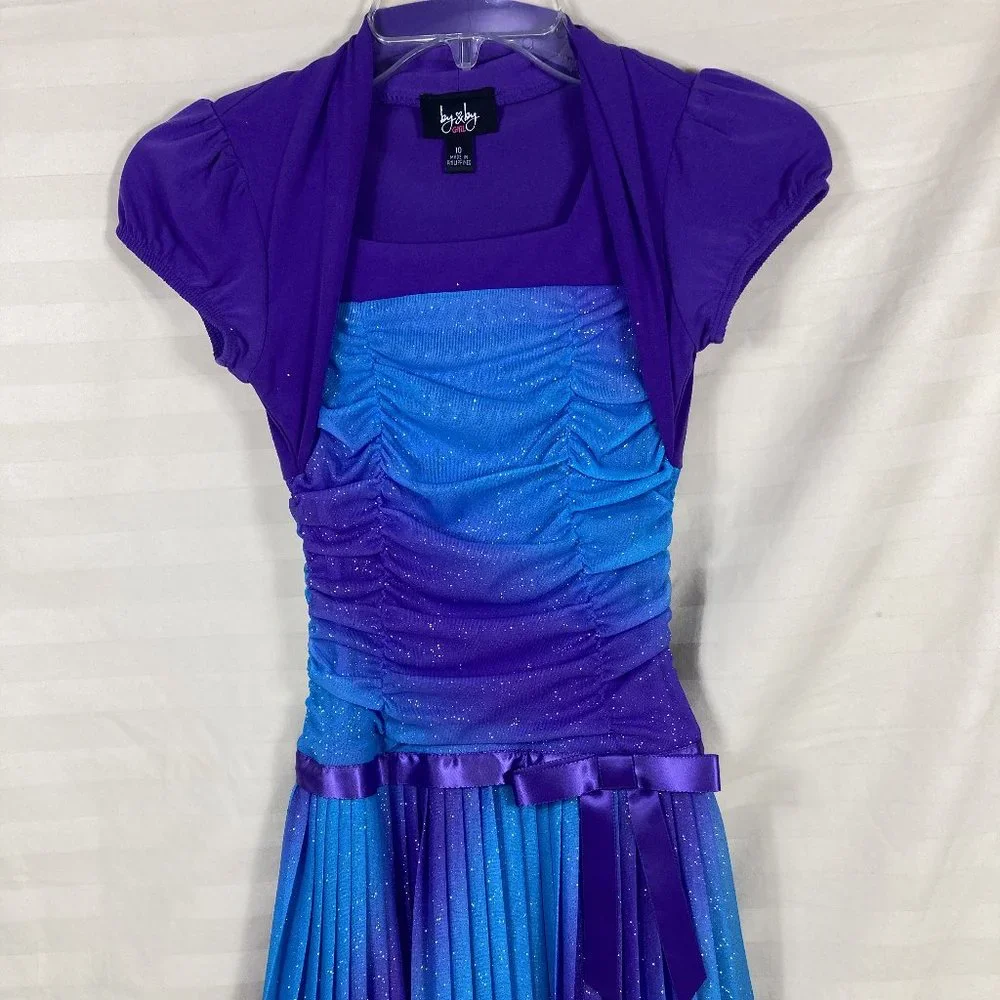 By & By Girl Dress Size 10 Color Purple and Aqua glittery, pleated, dressy - Picture 1 of 7